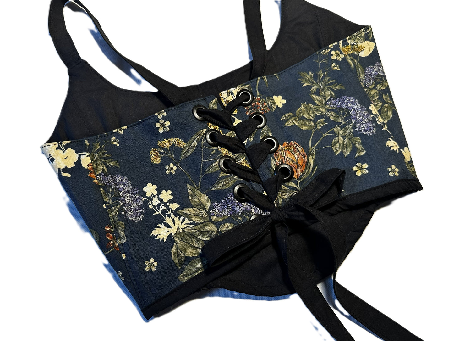 Wendbare Corsage – Dunkelblau mit Blumen & Schwarz | 2-in-1 Handmade Baumwoll-Corset, Genderneutral & Festivalwear #691