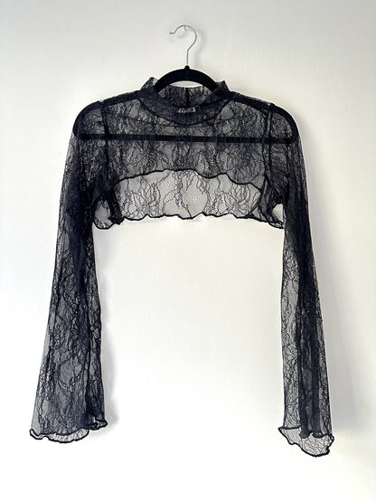 Schwarzes Spitzen Sleeve mit Kragen und Trompetenärmeln #239
