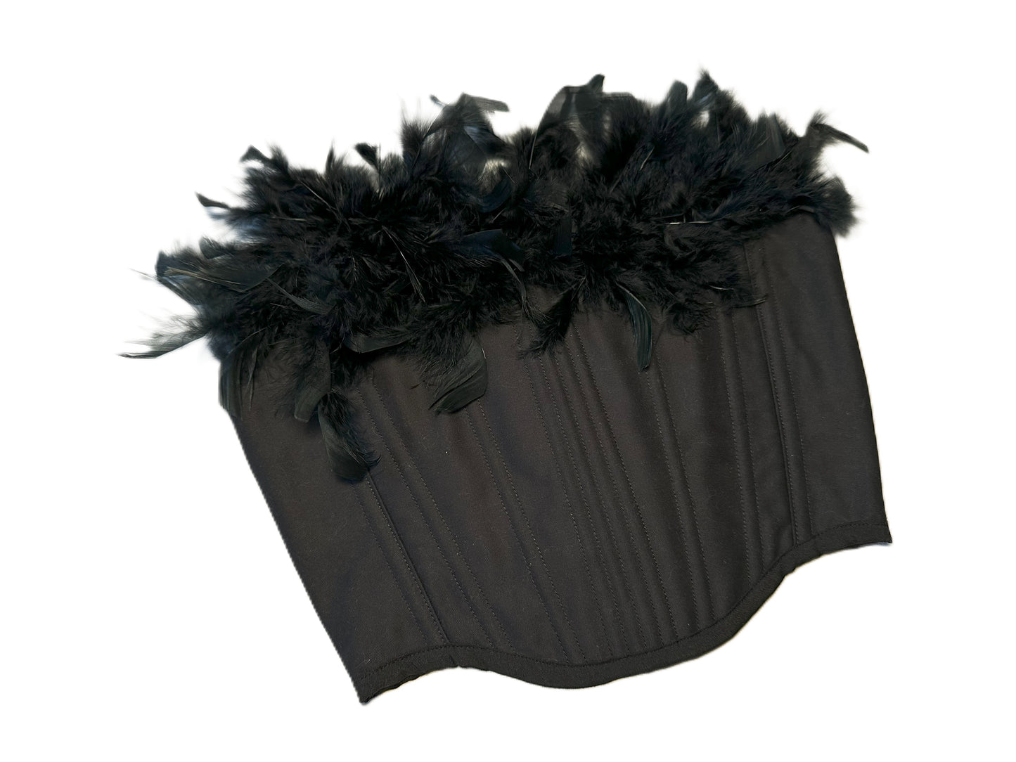 Schwarzes Baumwoll-Korsett mit Federn am Ausschnitt – cropped, genderneutral, mit Rückenschnürung

