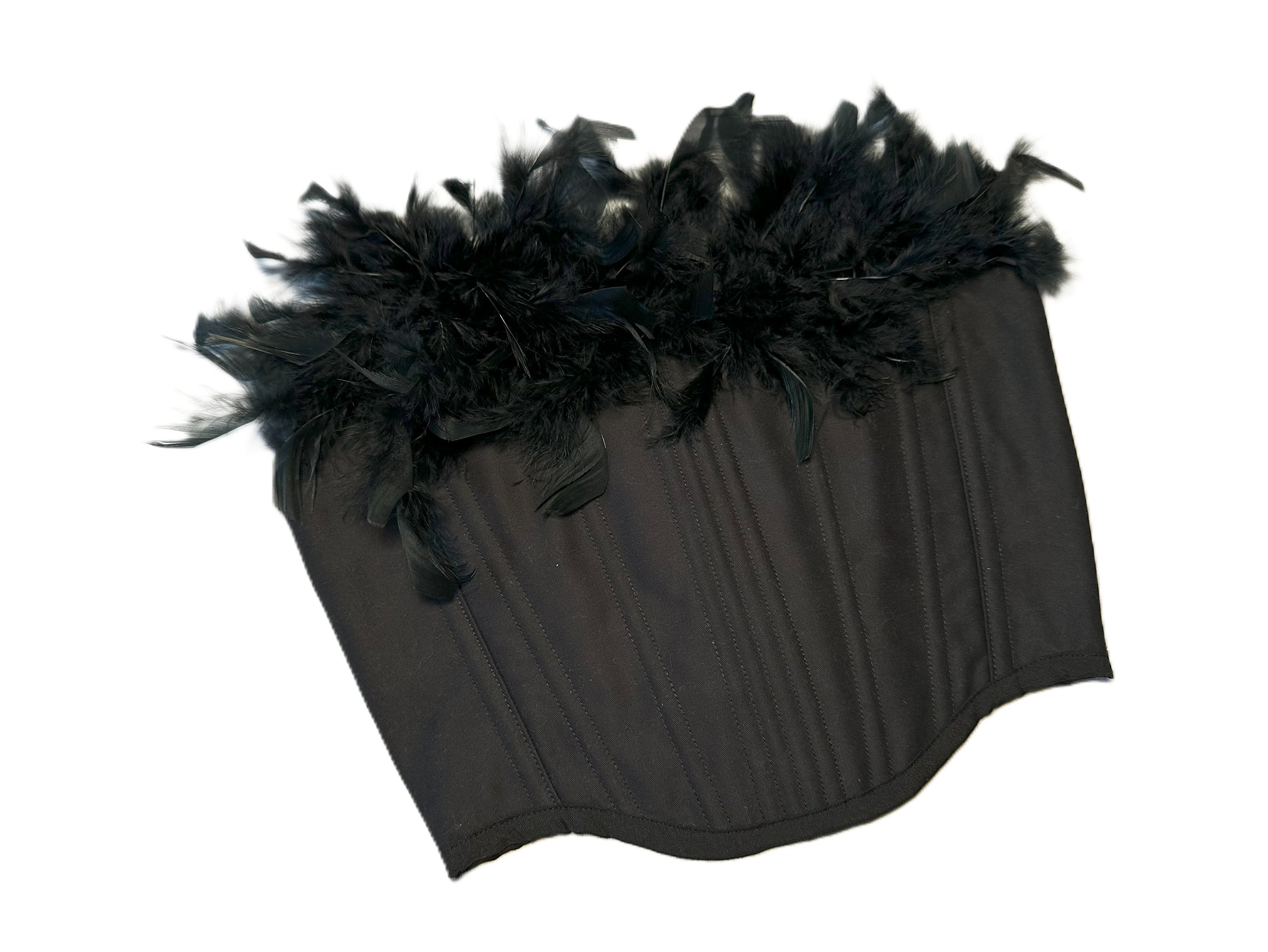 Schwarzes Baumwoll-Korsett mit Federn am Ausschnitt – cropped, genderneutral, mit Rückenschnürung

