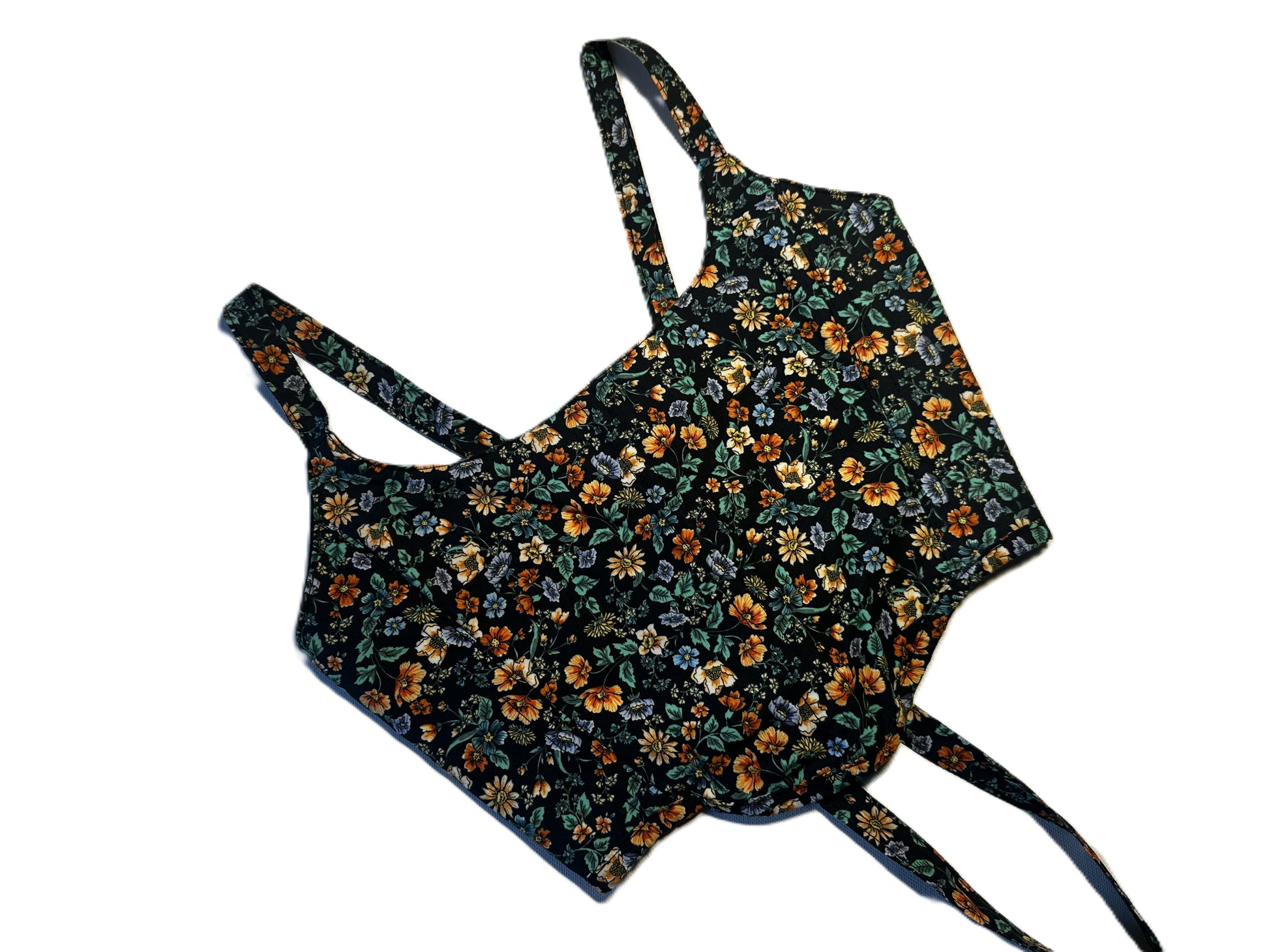 Wendbare Corsage aus schwarzer Baumwolle mit buntem Blumenmuster und schwarzer Rückseite – handmade, genderneutral, 2-in-1 Design
