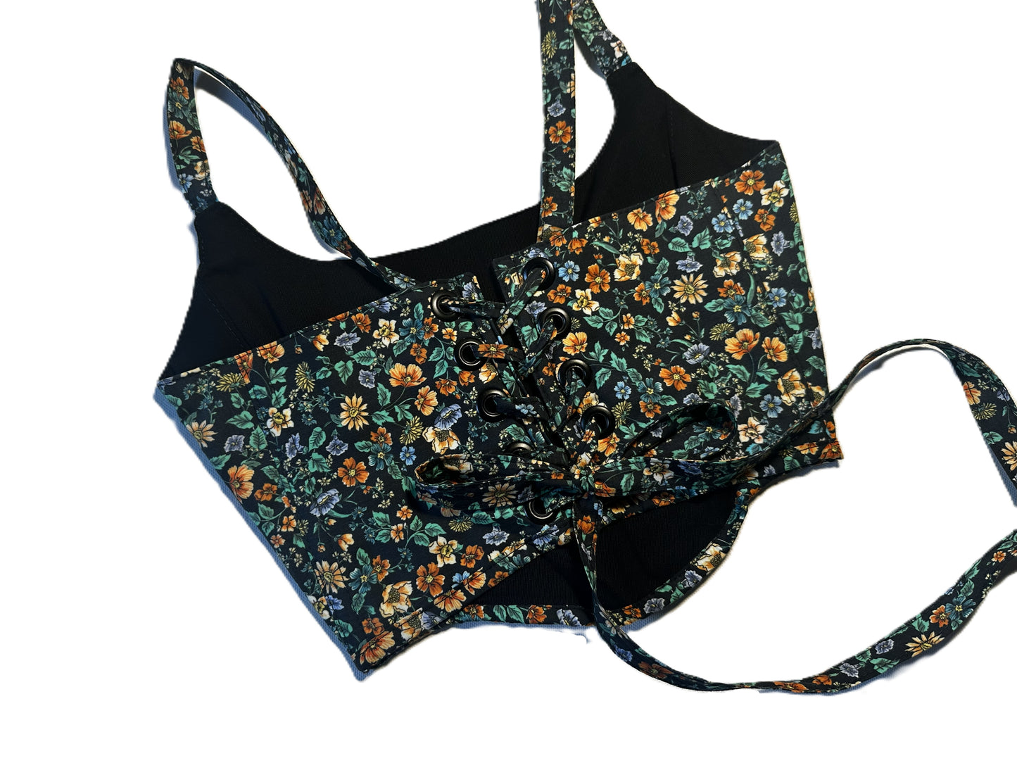 Wendbare Corsage – Schwarz mit bunten Blumen | 2-in-1 Handmade Baumwoll-Corset, Genderneutral, Festival & Streetwear #687
