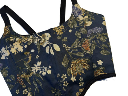 Wendbare Corsage – Dunkelblau mit Blumen & Schwarz | 2-in-1 Handmade Baumwoll-Corset, Genderneutral & Festivalwear #691