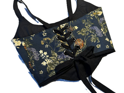 Wendbare Corsage – Dunkelblau mit Blumen & Schwarz | 2-in-1 Handmade Baumwoll-Corset, Genderneutral & Festivalwear #691