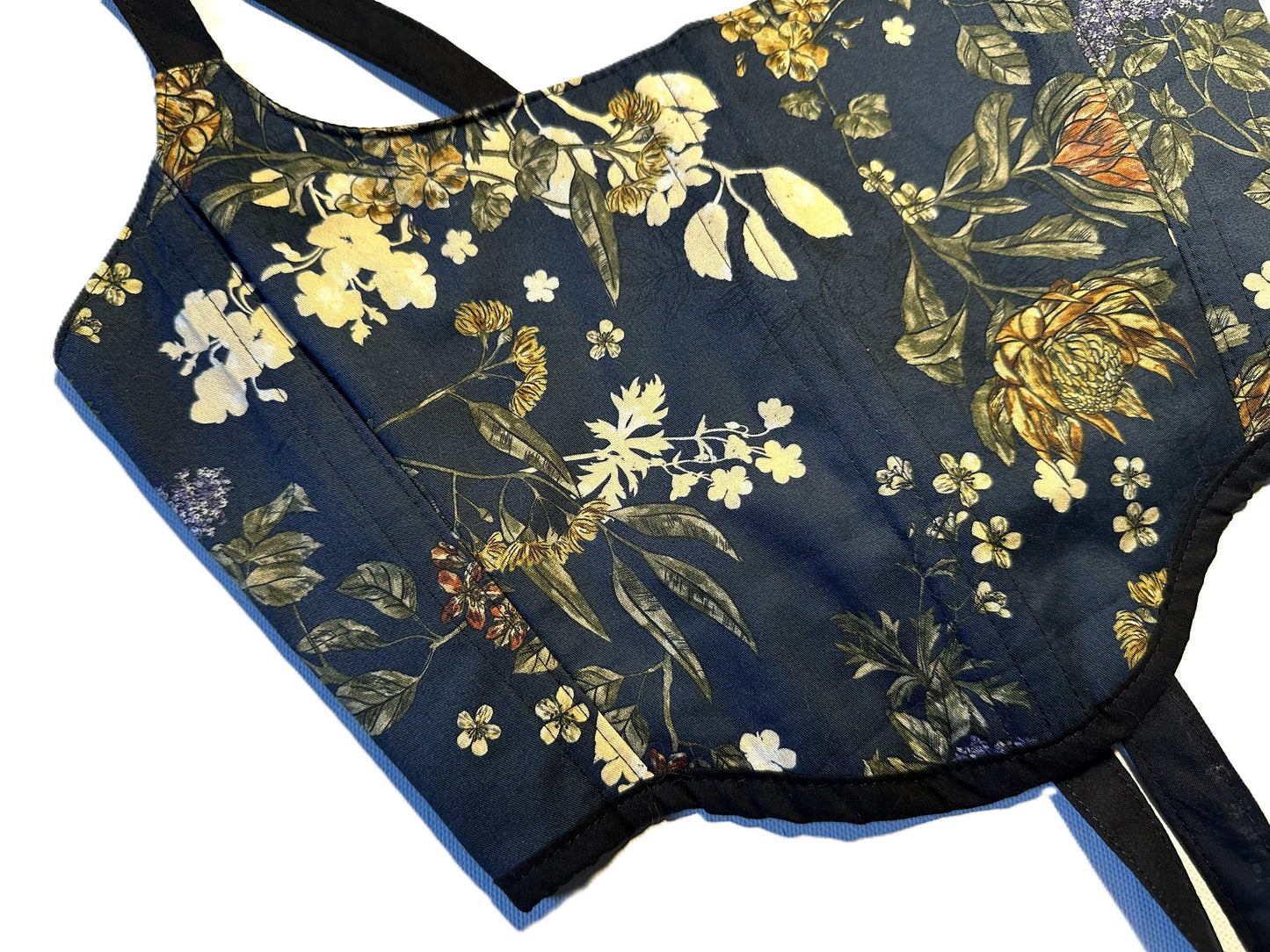 Wendbare Corsage – Dunkelblau mit Blumen & Schwarz | 2-in-1 Handmade Baumwoll-Corset, Genderneutral & Festivalwear #691