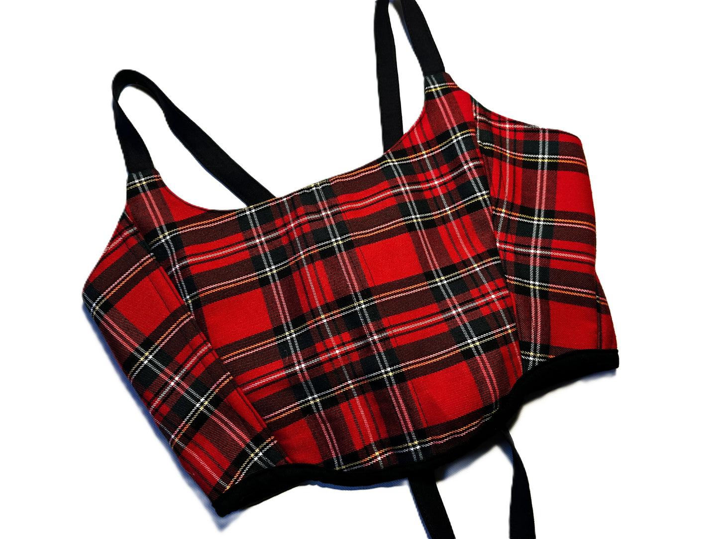 Corsage aus roter Wollmischung mit Karomuster, schwarzem Innenfutter und Baumwollträgern – handmade, genderneutral & nachhaltig gefertigt