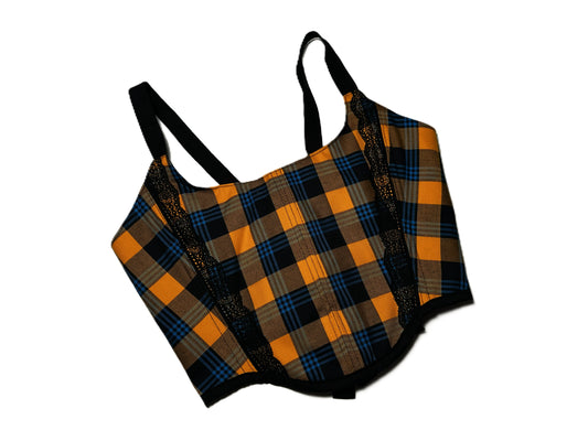 Karo-Corsage aus italienischem Wollmix mit Spitzendetails, schwarzem Baumwollfutter und verstellbaren Trägern mit Rückenschnürung.