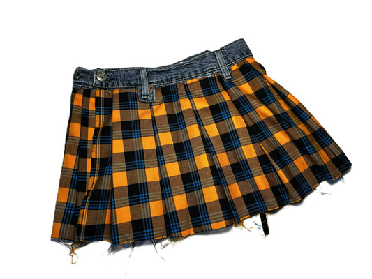 Upcycled Jeans-Wickelrock mit Woll-Karo aus Italien #737