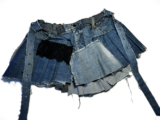 Upcycled Patchwork Jeans Rock mit Spitze & Jersey Details #743