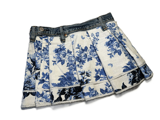 Upcycled Denim Wickelrock mit floralem Stoff & Spitzensaum #746