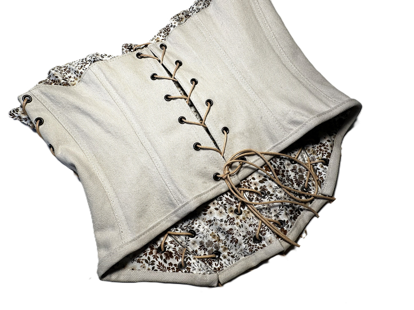 Cremefarbene Upcycle Jeans Corsage mit 5 Schnürungen #842