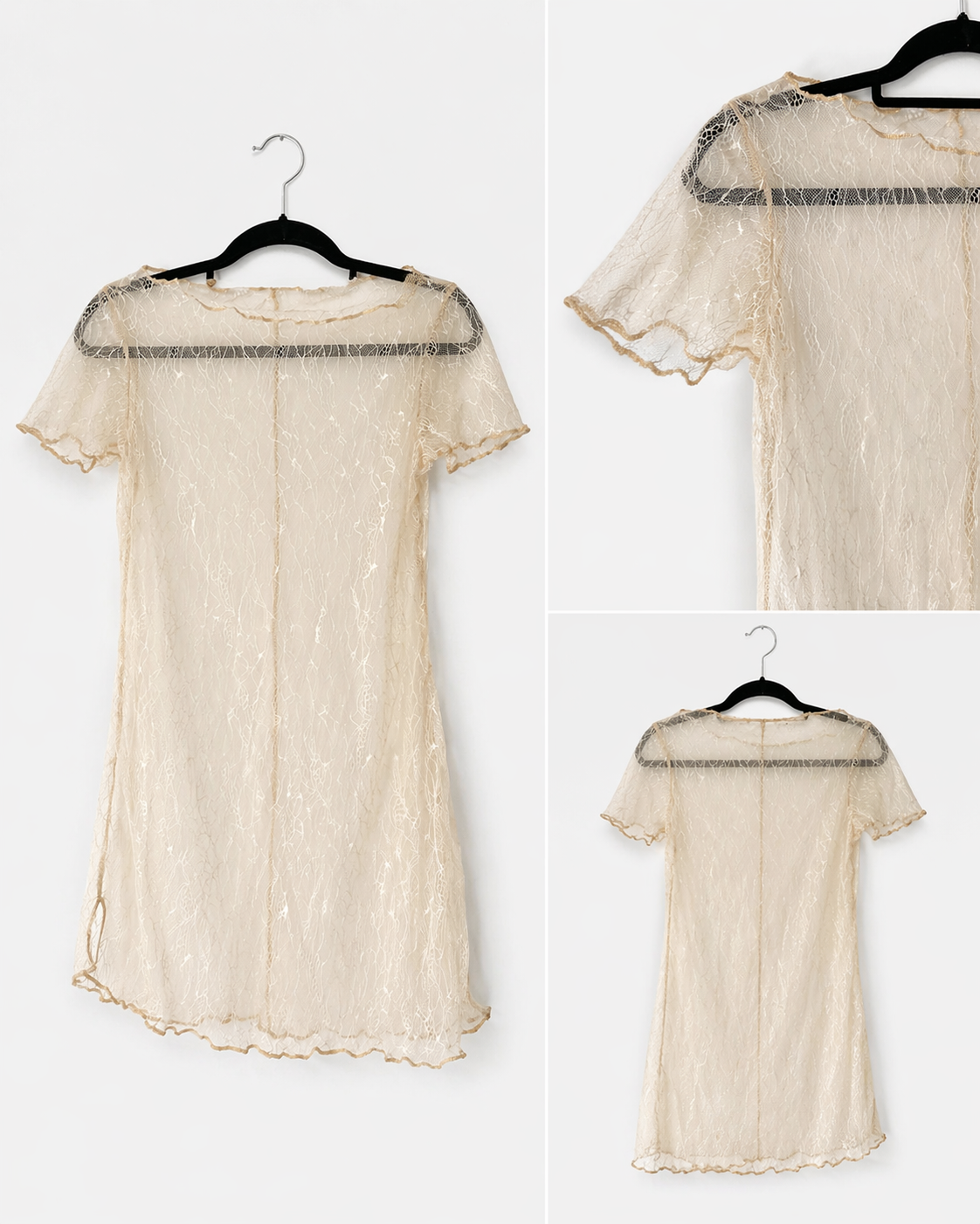 Cremefarbenes transparentes Spitzenkleid – zartes Lace Dress mit Ruffle Saum #847