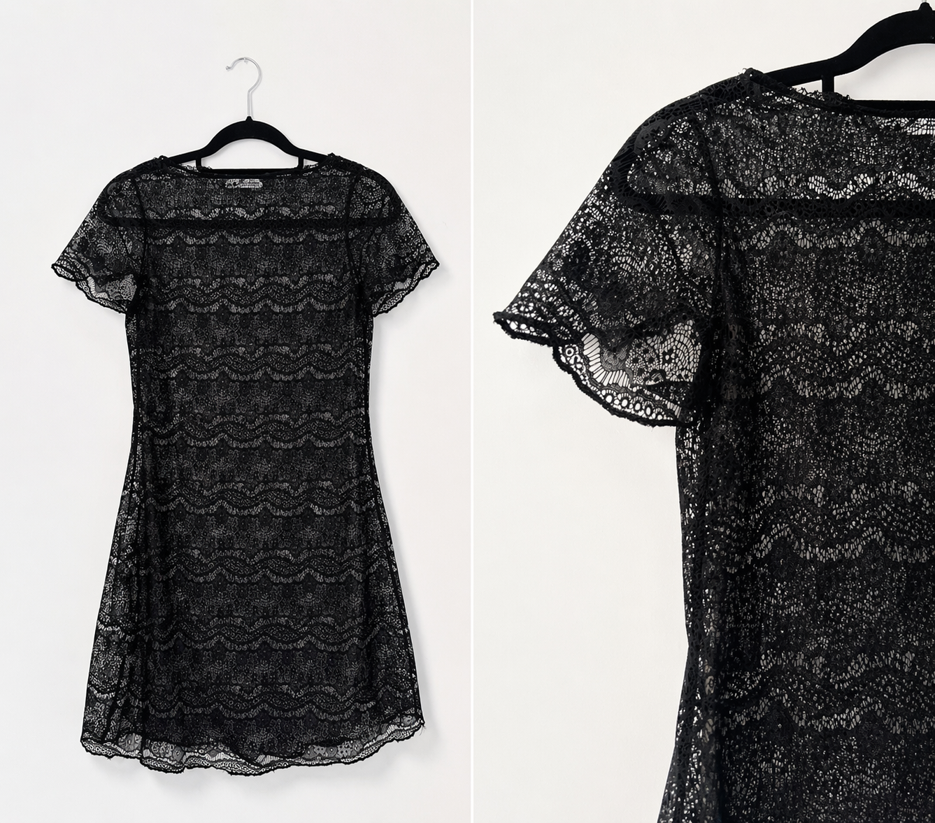 Schwarzes transparentes Spitzenkleid – Lace Dress mit Ruffle Saum