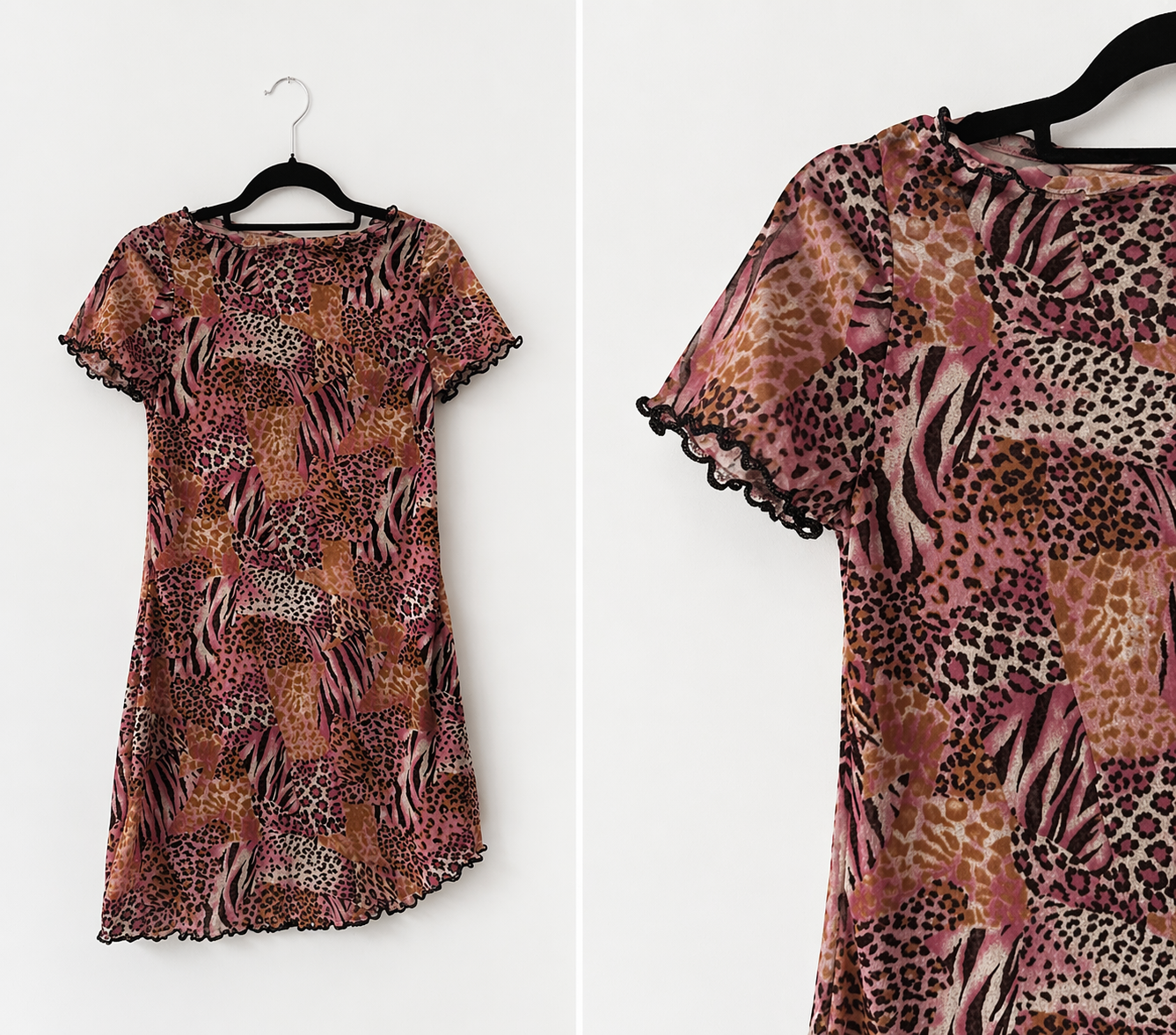 Animal Print Mesh Kleid – Transparentes Ruffle Dress in Pink & Leo