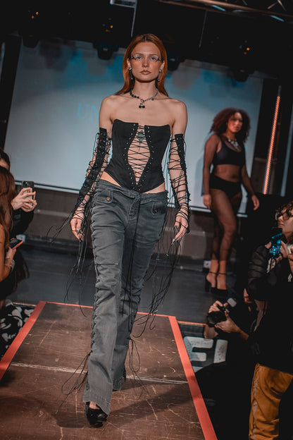 Upcycled Lace-Up Low Waist Jeans – Adjustable Side Lacing Wide Leg Pants BFW 2026 #877