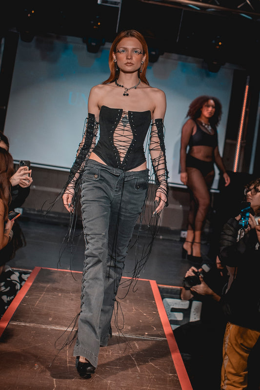 Upcycled Lace-Up Low Waist Jeans – Adjustable Side Lacing Wide Leg Pants BFW 2026 #877